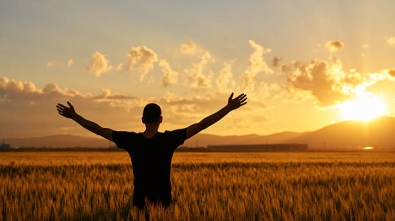 man with arms raised in wheat field posing in the sunset time with his arms raised.feeling complete.